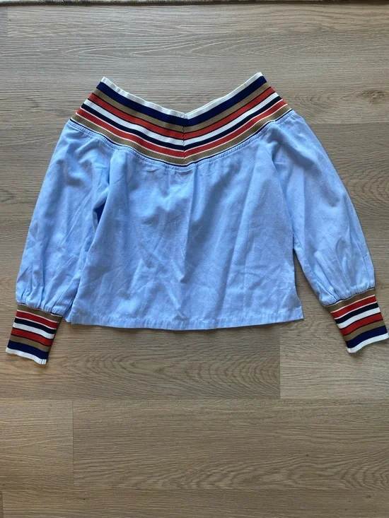 English Factory Blue Off Shoulder Stripe Trim Top Small Preppy Coastal Chic - Picture 8 of 10